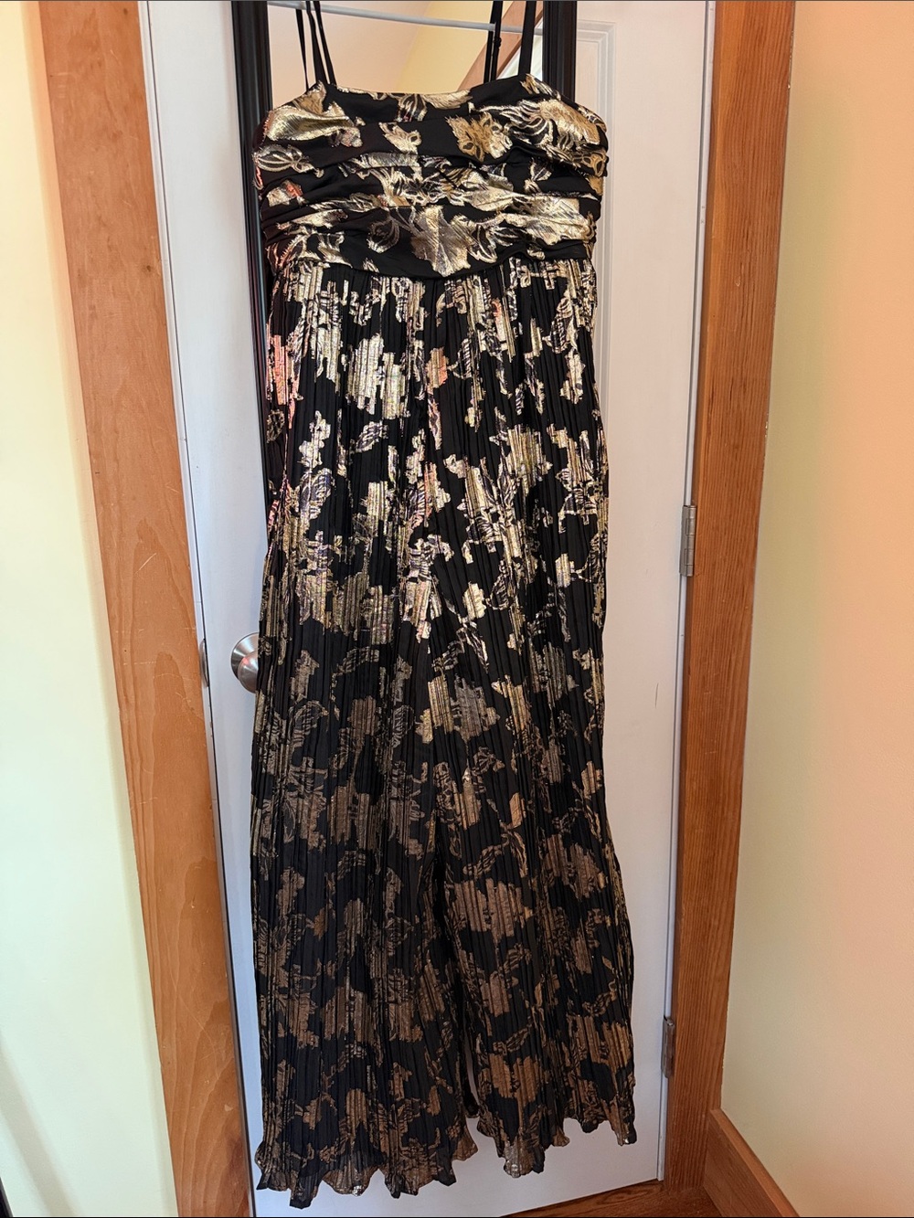 Anthropologie Black Jumpsuit with Gold Metallic Floral Print